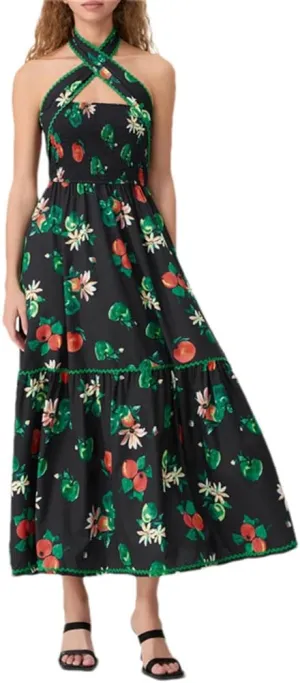 Women's Sleeveless Hanging Neck Maxi Dress Floral Print Backless Beach Party Dresses