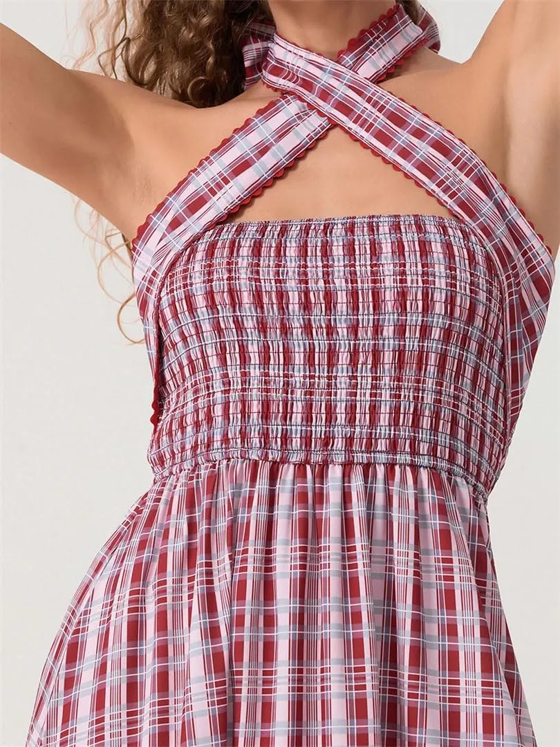Women's Sleeveless Hanging Neck Maxi Dress Floral Print Backless Beach Party Dresses