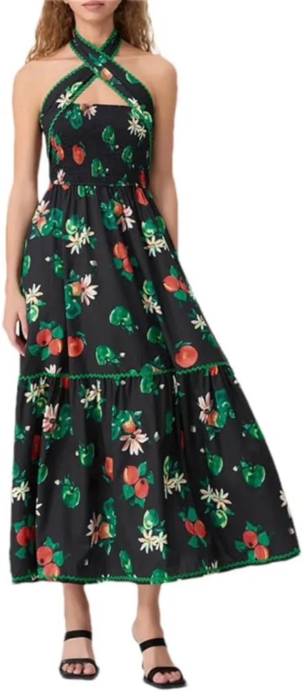 Women's Sleeveless Hanging Neck Maxi Dress Floral Print Backless Beach Party Dresses
