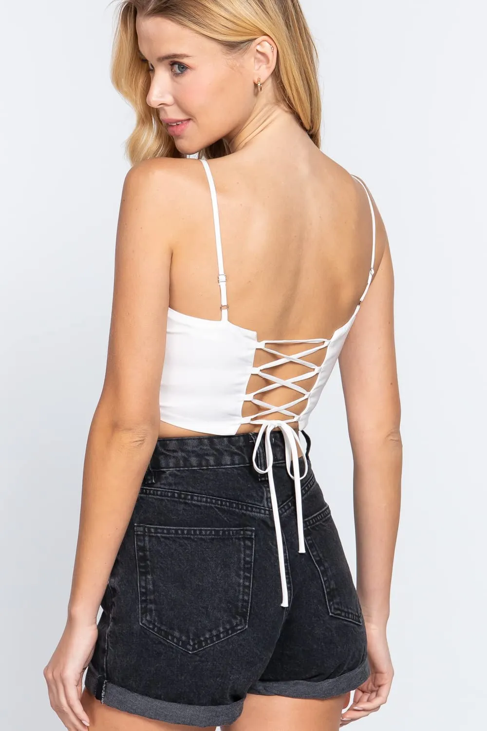 Women's Sleeveless Sweetheart Neck Ribbon Tie Woven Top