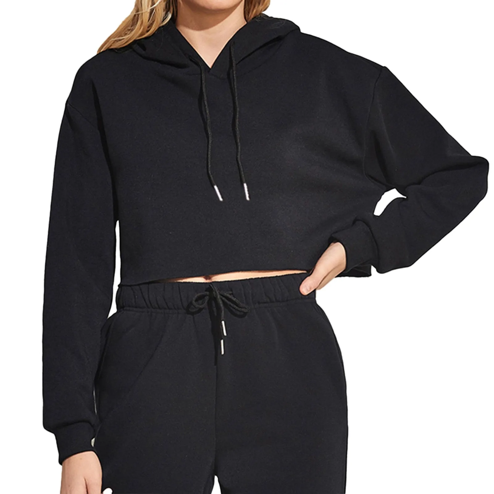 Women’s Solid Crop Hoodie Sweatshirt Long Sleeve Casual Korean Style