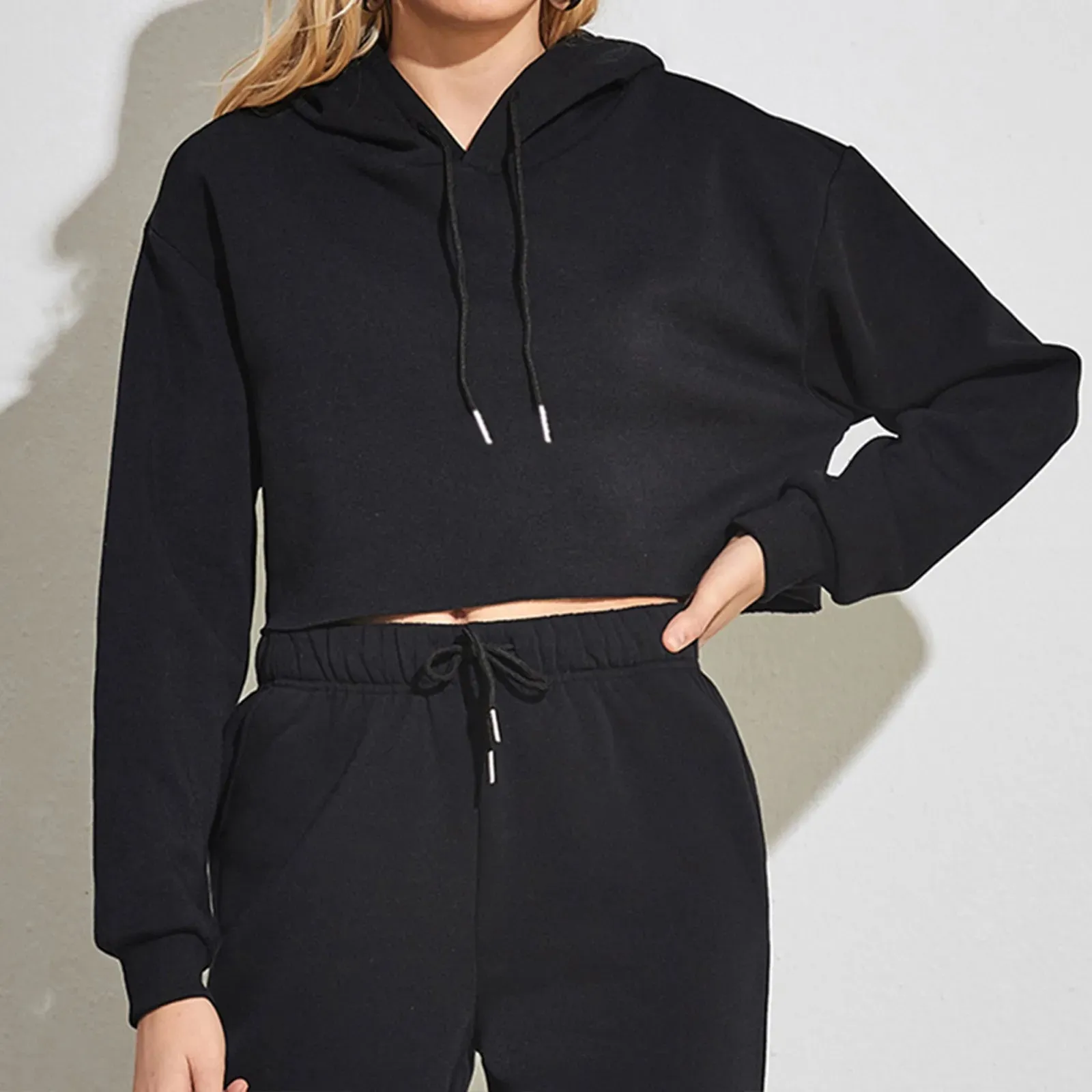 Women’s Solid Crop Hoodie Sweatshirt Long Sleeve Casual Korean Style