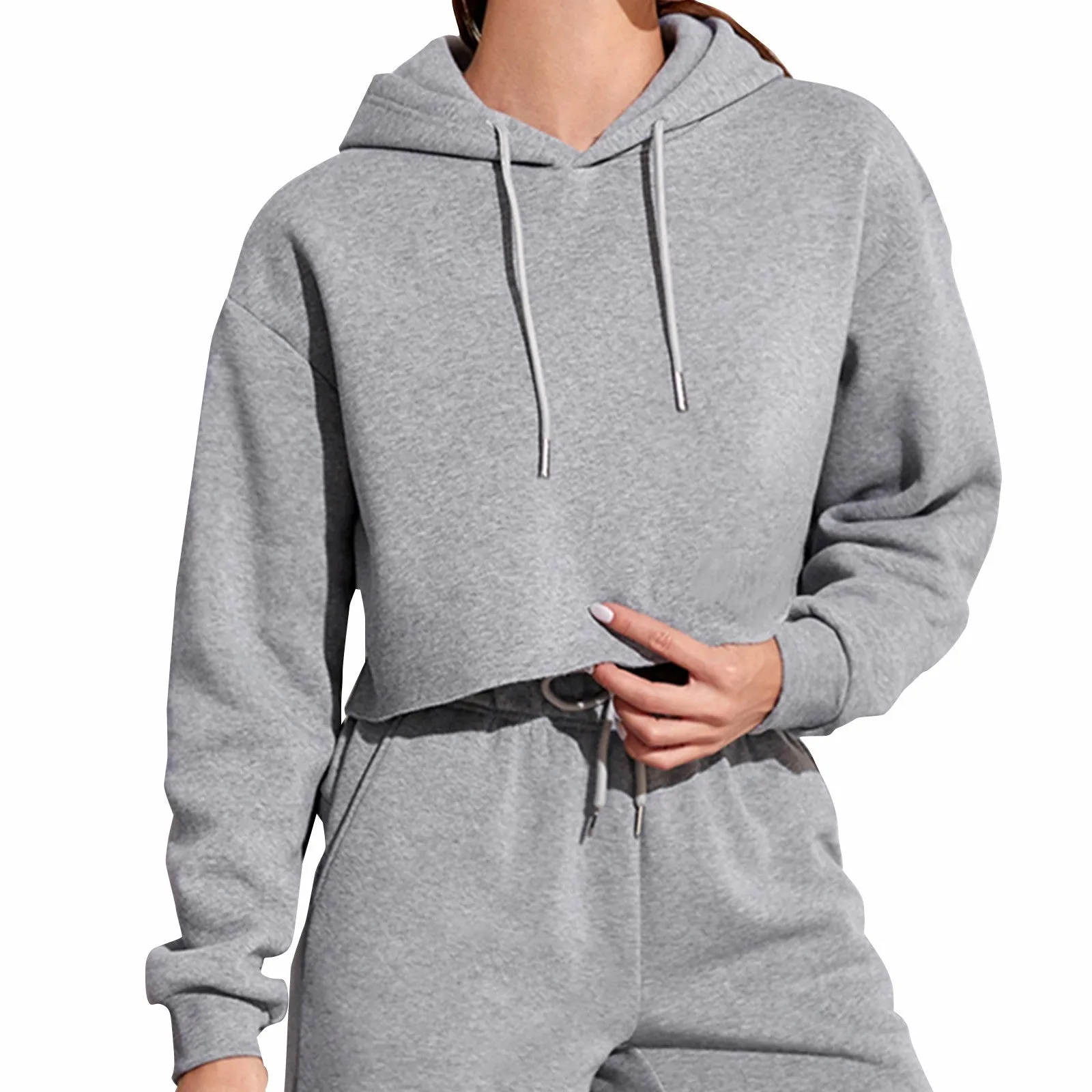 Women’s Solid Crop Hoodie Sweatshirt Long Sleeve Casual Korean Style