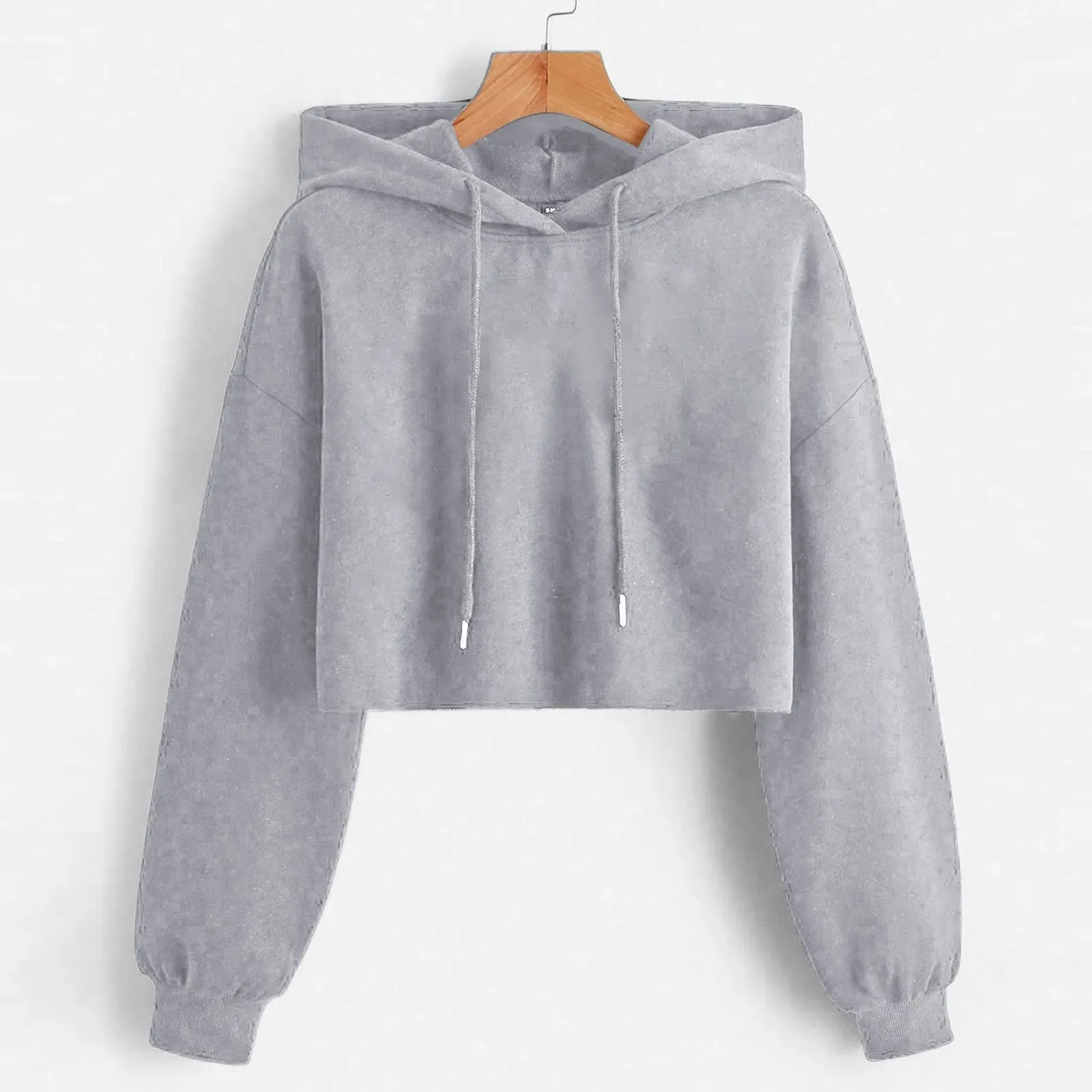 Women’s Solid Crop Hoodie Sweatshirt Long Sleeve Casual Korean Style