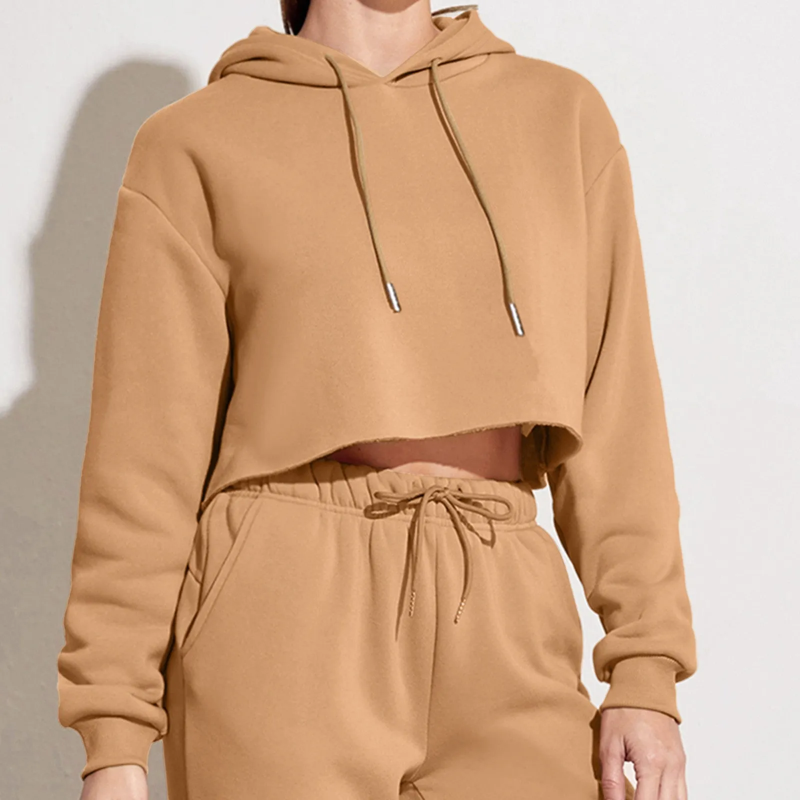 Women’s Solid Crop Hoodie Sweatshirt Long Sleeve Casual Korean Style