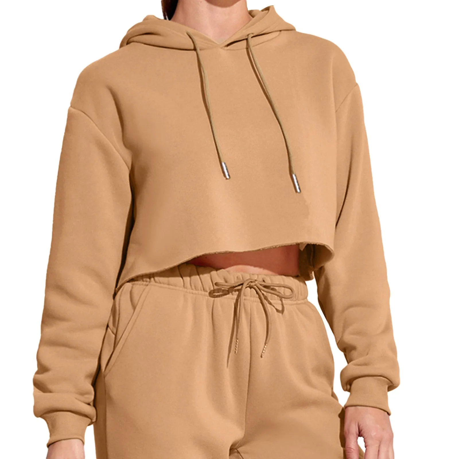 Women’s Solid Crop Hoodie Sweatshirt Long Sleeve Casual Korean Style