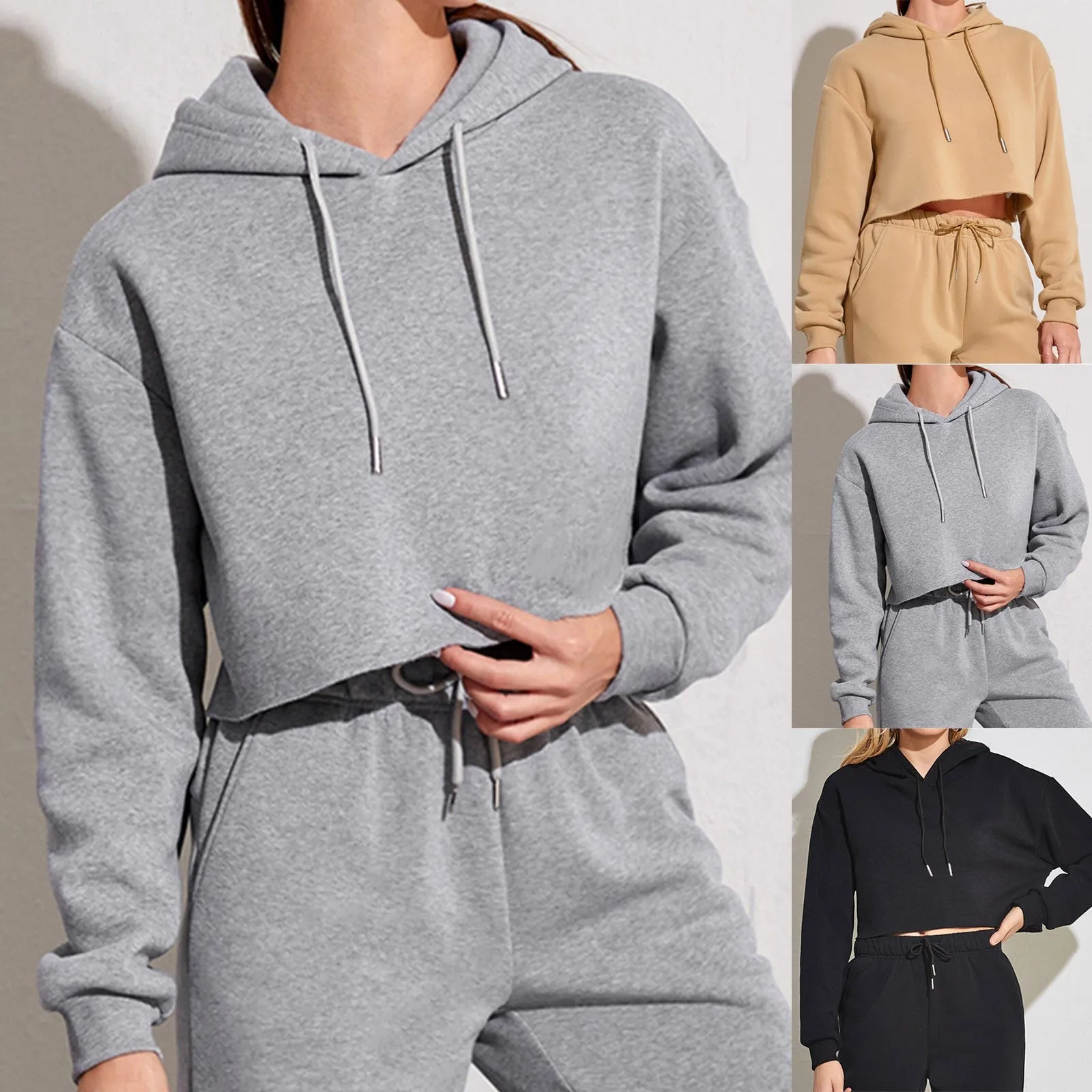 Women’s Solid Crop Hoodie Sweatshirt Long Sleeve Casual Korean Style