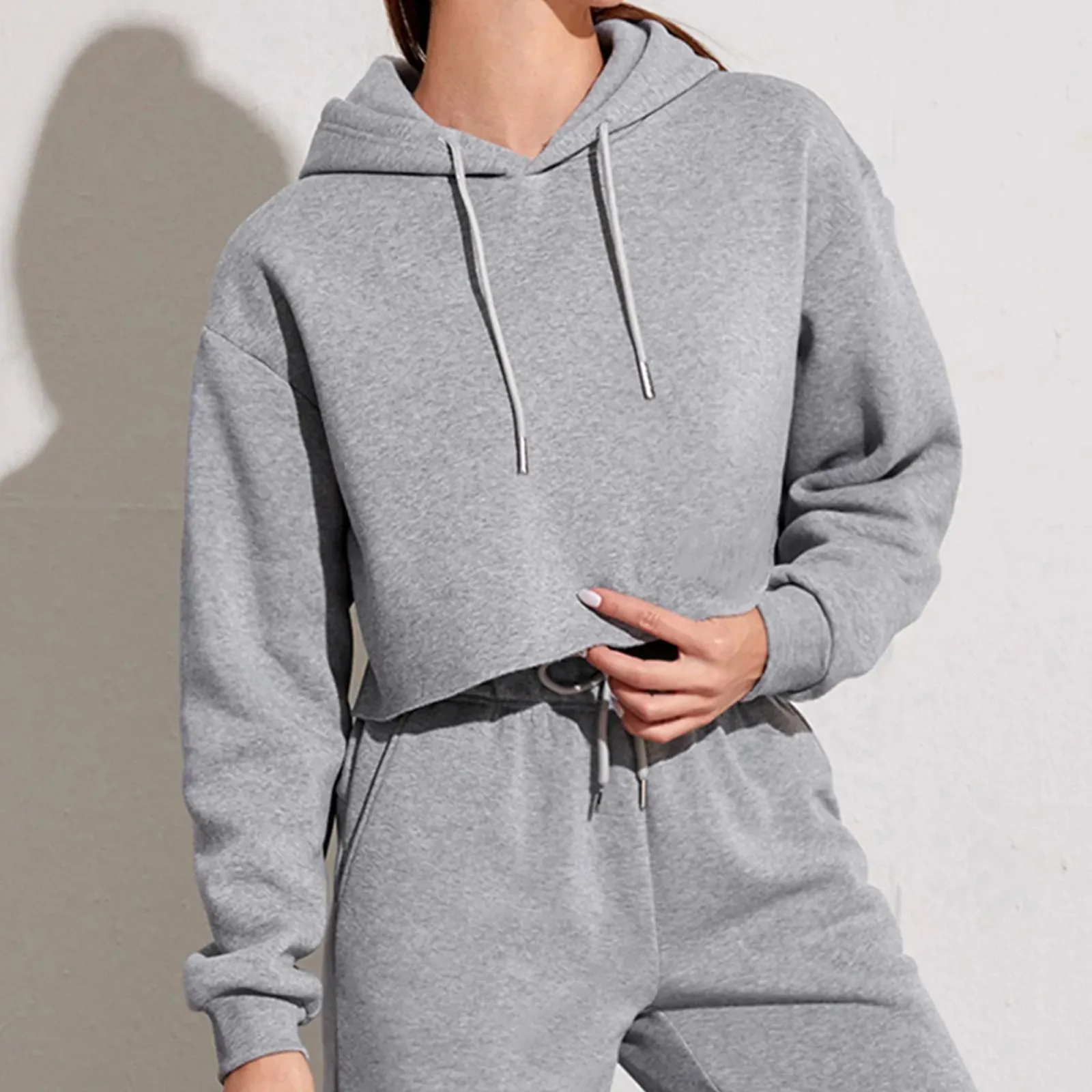 Women’s Solid Crop Hoodie Sweatshirt Long Sleeve Casual Korean Style