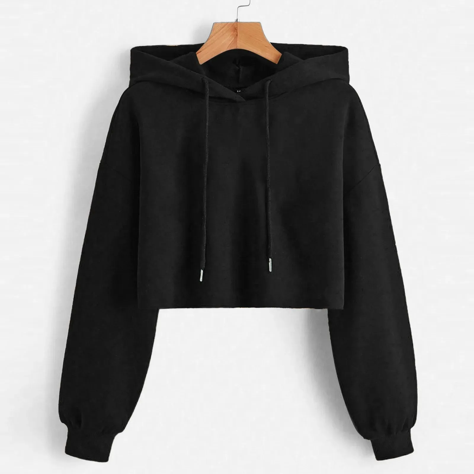 Women’s Solid Crop Hoodie Sweatshirt Long Sleeve Casual Korean Style