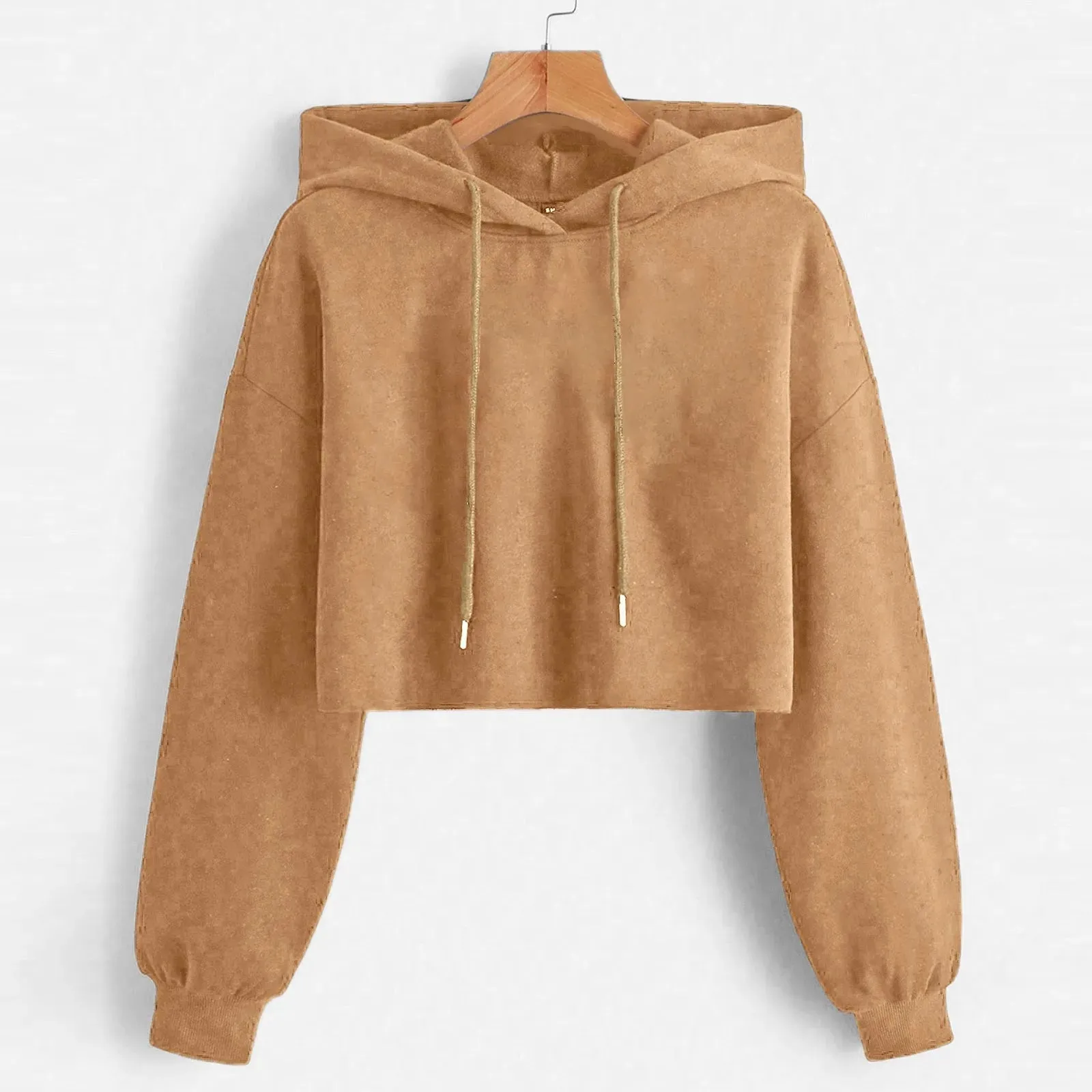 Women’s Solid Crop Hoodie Sweatshirt Long Sleeve Casual Korean Style