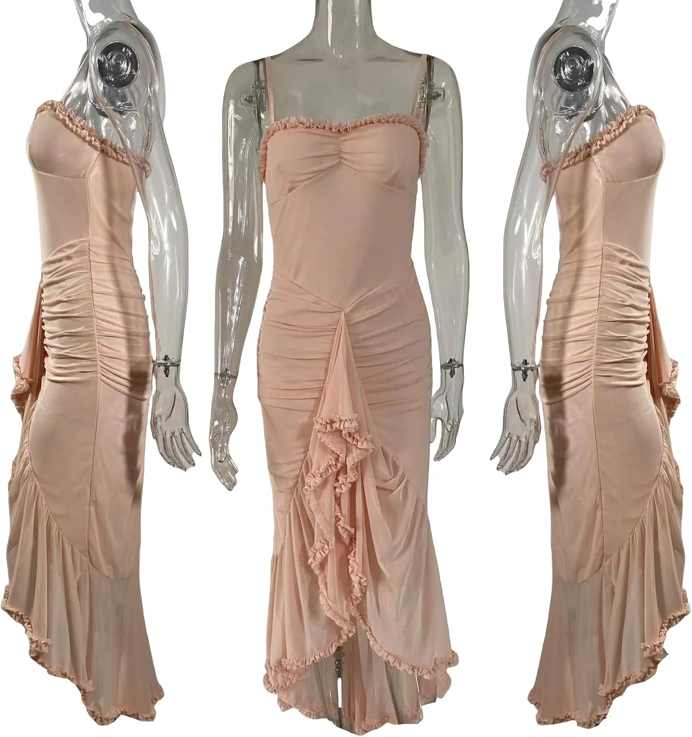 Women's Spaghetti Strap Maxi Dress High Split Ruffle Hem Bodycon Cocktail Dresses Evening Party Dress