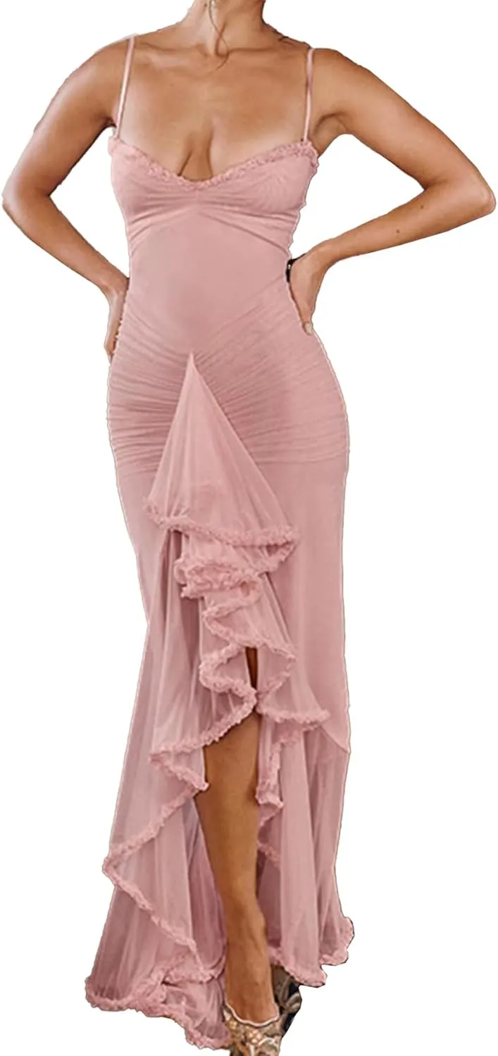Women's Spaghetti Strap Maxi Dress High Split Ruffle Hem Bodycon Cocktail Dresses Evening Party Dress