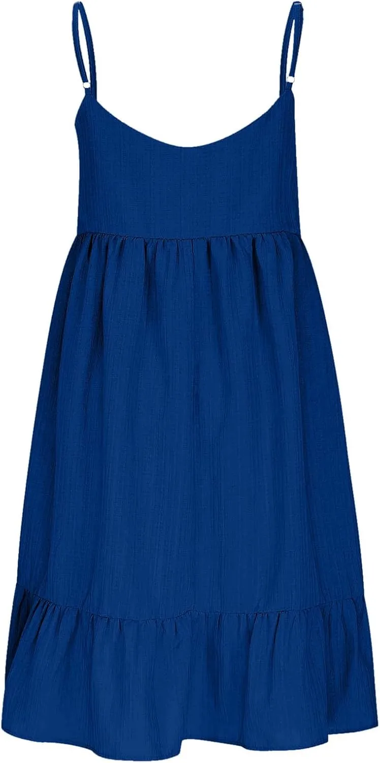 Women's Spaghetti Strap Mini Dresses Tiered Pleated Sexy Deep V-Neck Dress Comfy Sleeveless Party Sundress for Summer