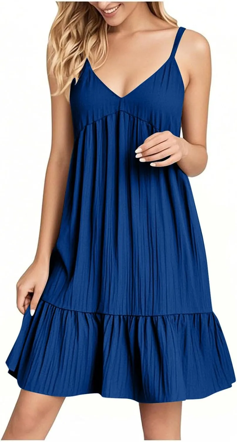 Women's Spaghetti Strap Mini Dresses Tiered Pleated Sexy Deep V-Neck Dress Comfy Sleeveless Party Sundress for Summer