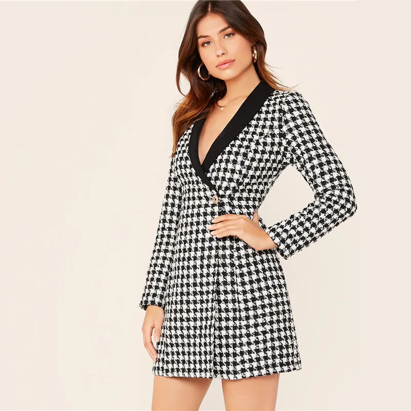 Women's Spring Casual Polyester Blazer With Plaid Pattern