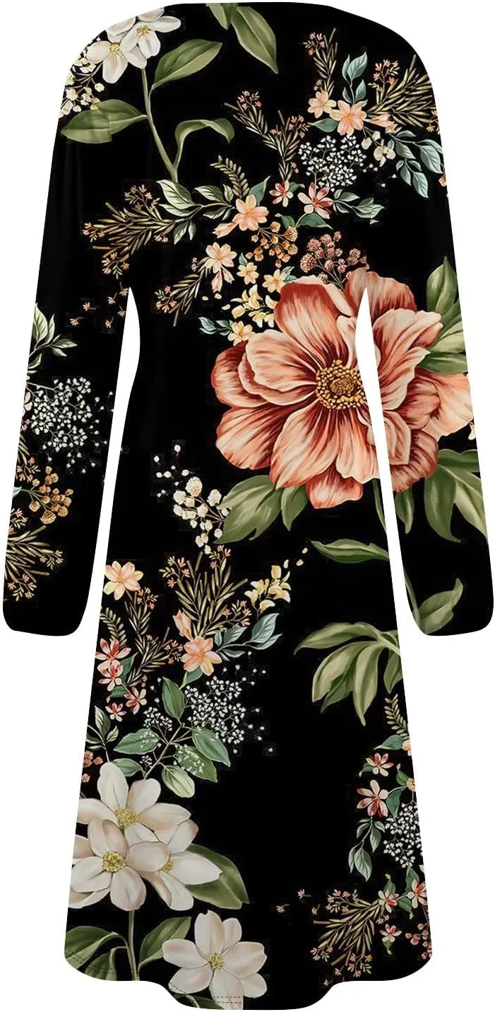 Womens Spring Dresses 2025 Long Sleeve Midi O Neck Ladies Casual Cute Trendy Western Office Dress