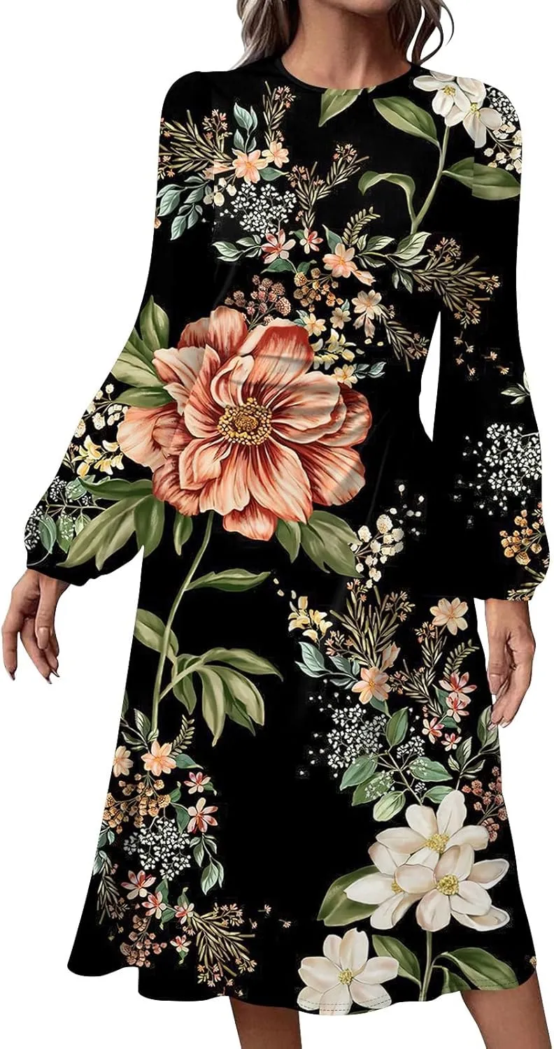 Womens Spring Dresses 2025 Long Sleeve Midi O Neck Ladies Casual Cute Trendy Western Office Dress