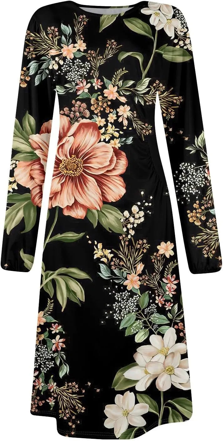 Womens Spring Dresses 2025 Long Sleeve Midi O Neck Ladies Casual Cute Trendy Western Office Dress