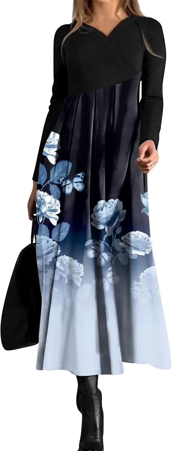 Womens Spring Dresses 2025 Long Sleeve Midi V Neck Tea Length Elegant Casual Flowy Fashion Loose Dress