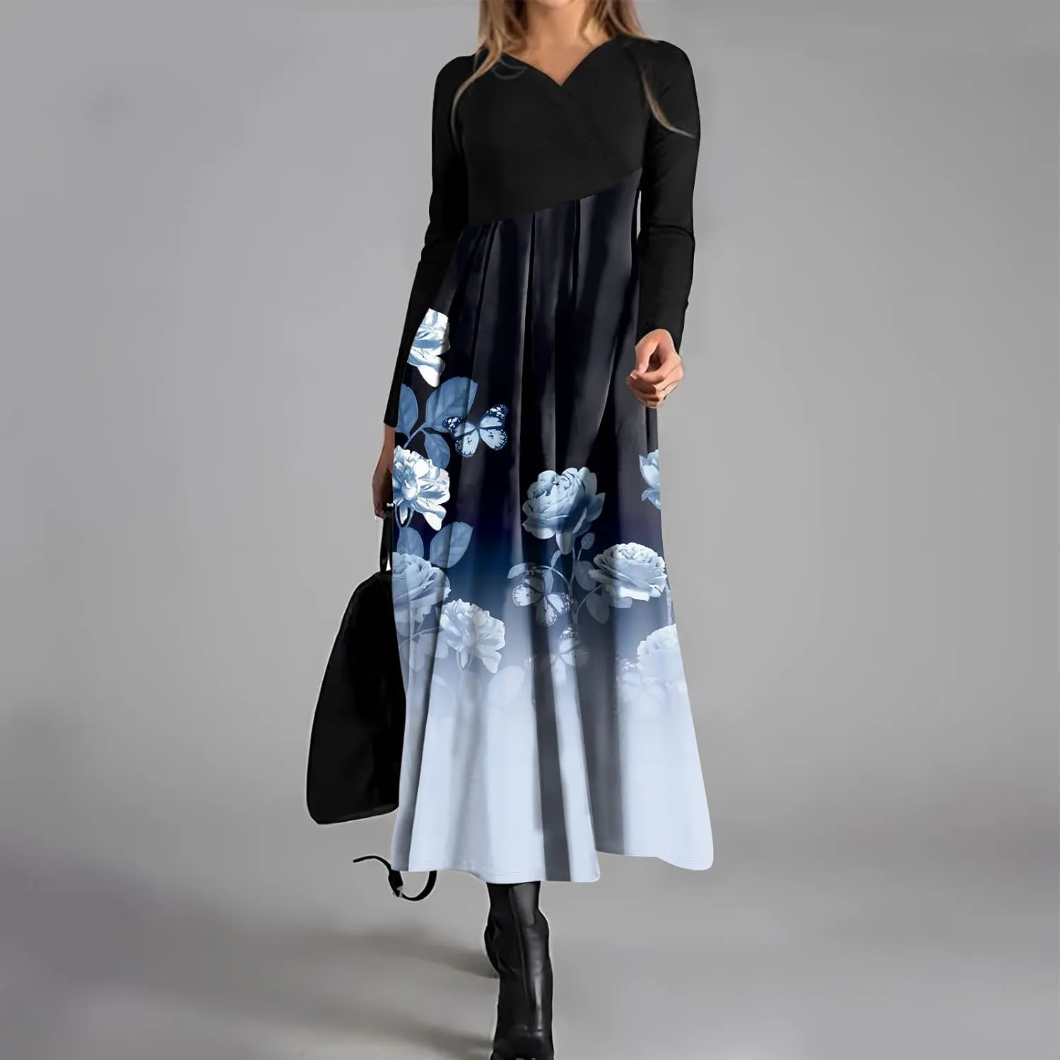 Womens Spring Dresses 2025 Long Sleeve Midi V Neck Tea Length Elegant Casual Flowy Fashion Loose Dress