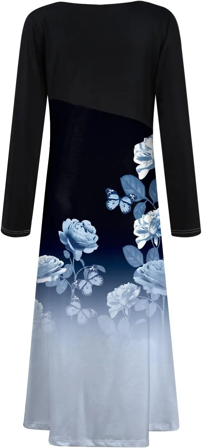 Womens Spring Dresses 2025 Long Sleeve Midi V Neck Tea Length Elegant Casual Flowy Fashion Loose Dress