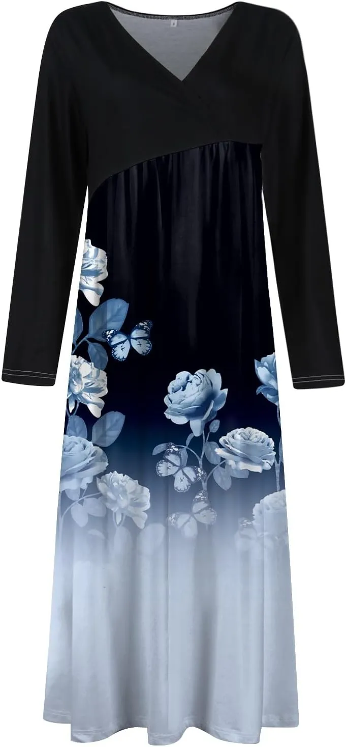 Womens Spring Dresses 2025 Long Sleeve Midi V Neck Tea Length Elegant Casual Flowy Fashion Loose Dress