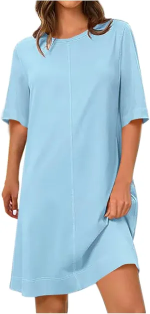 Women's Spring Sundresses 2025 Solid Casual Loose Short Sleeves Dress Crewneck Oversized Stripe Vacation Summer Dress
