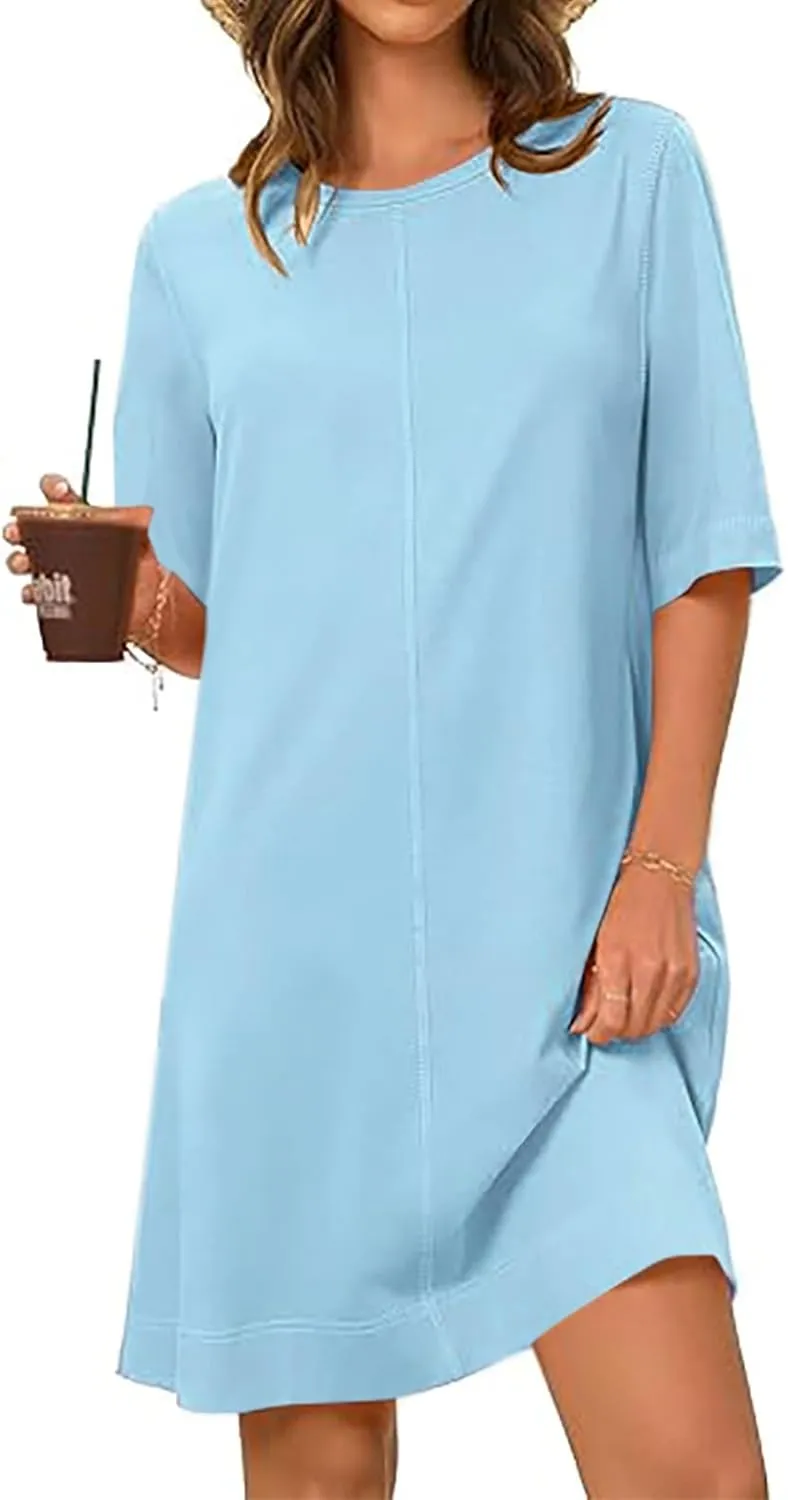 Women's Spring Sundresses 2025 Solid Casual Loose Short Sleeves Dress Crewneck Oversized Stripe Vacation Summer Dress