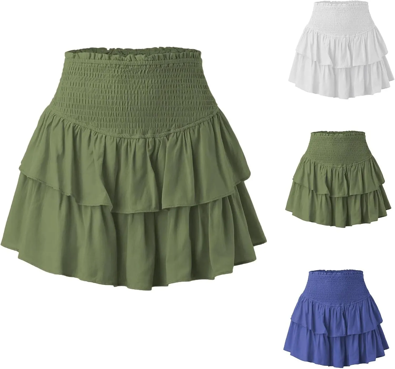 Women's Strecth Elastic Waist Mini Pleated Skirts Summer Ruffles Short Skirt