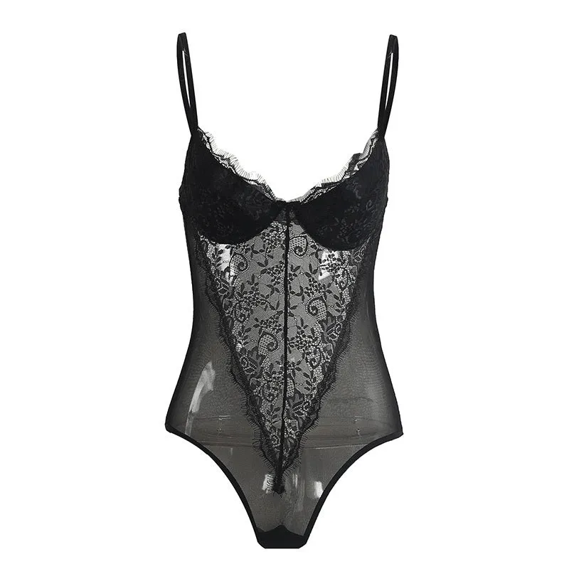 Women's Summer Backless Black Lace Bodysuit