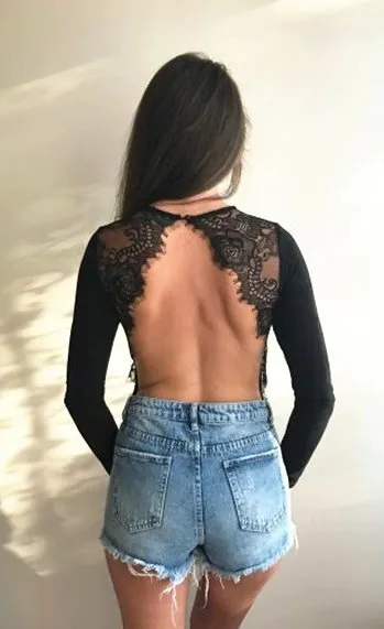 Women's Summer Backless Lace Long-Sleeved Slim Bodysuit