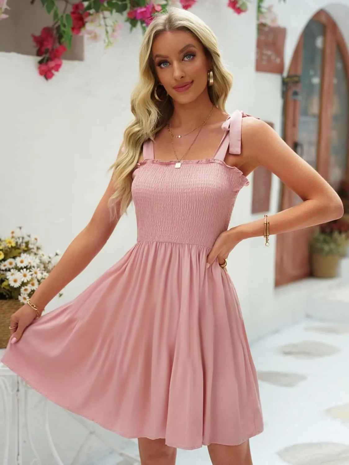 Womens Summer Casual Dresses Spaghetti Strap Smocked Mini Dress