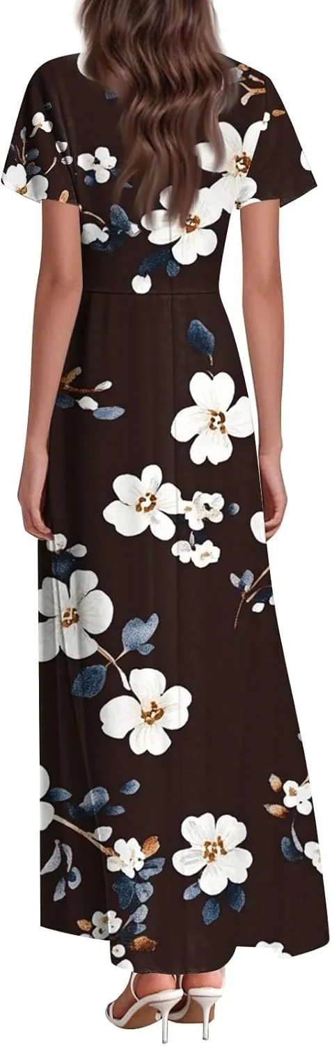 Womens Summer Casual Maxi Dresses Floral Print Lightweight Ruffle Sleeve V Neck Swing Boho Vacation Beach Sundress