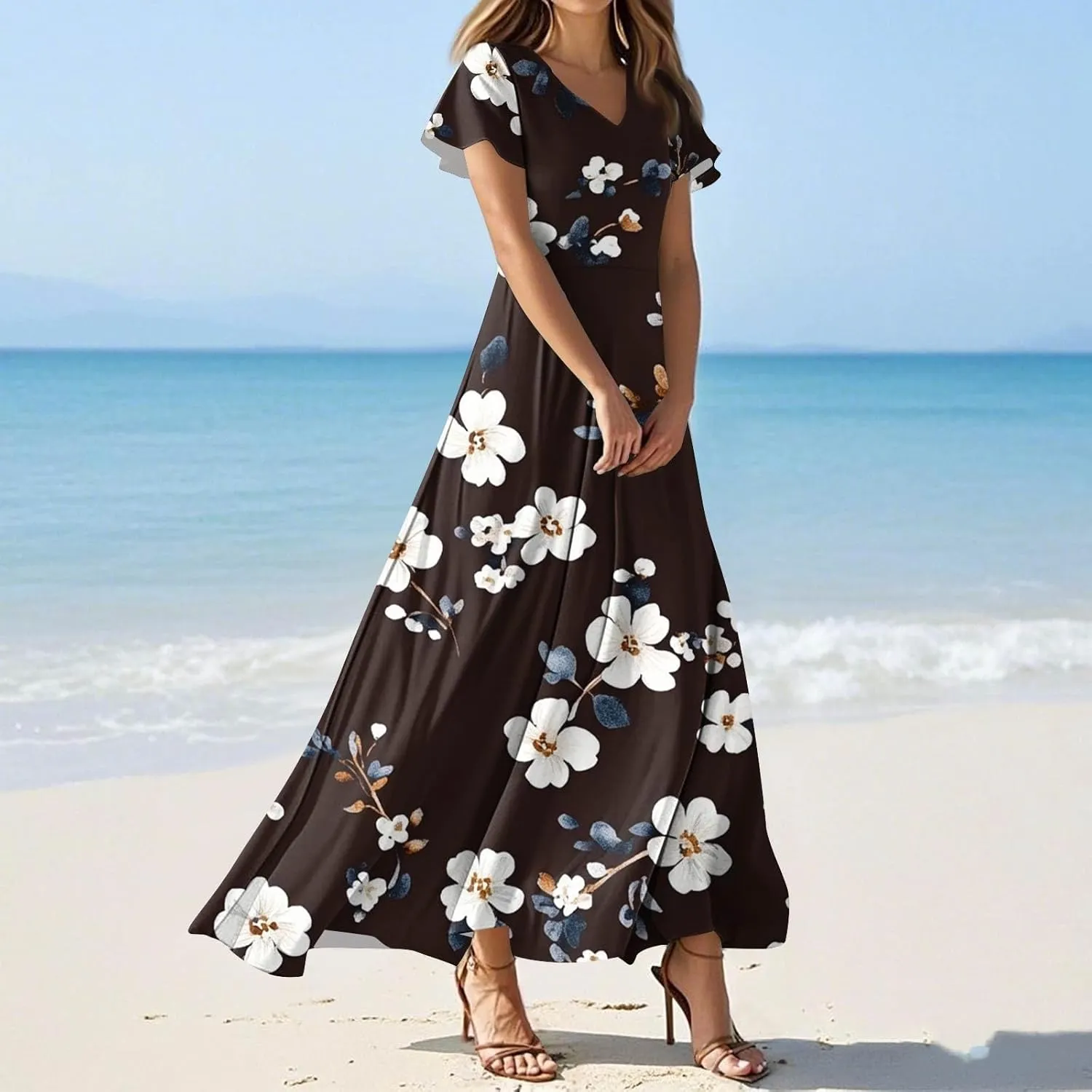 Womens Summer Casual Maxi Dresses Floral Print Lightweight Ruffle Sleeve V Neck Swing Boho Vacation Beach Sundress