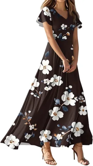 Womens Summer Casual Maxi Dresses Floral Print Lightweight Ruffle Sleeve V Neck Swing Boho Vacation Beach Sundress
