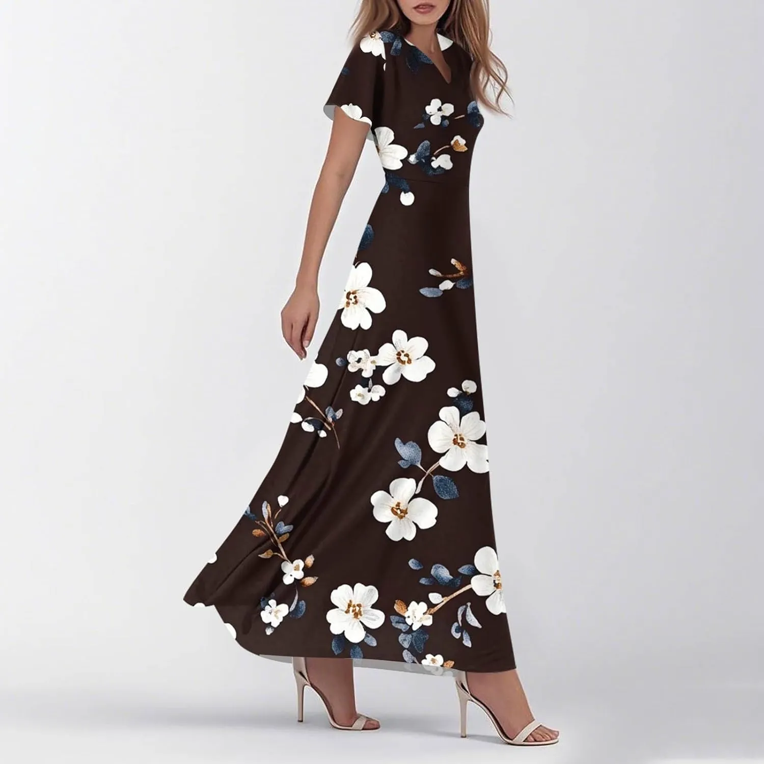 Womens Summer Casual Maxi Dresses Floral Print Lightweight Ruffle Sleeve V Neck Swing Boho Vacation Beach Sundress