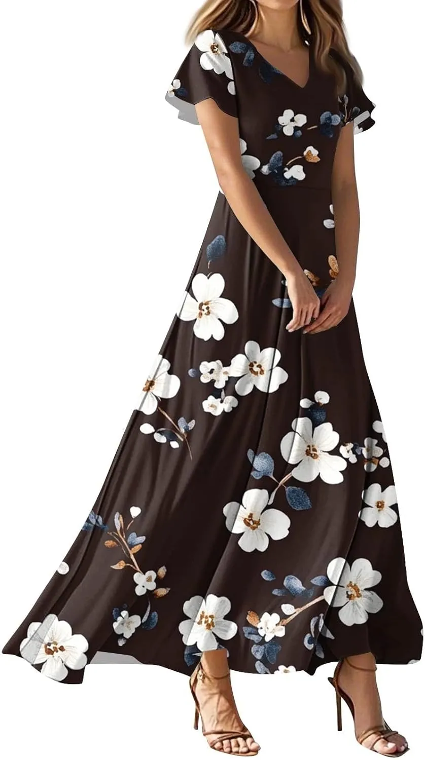 Womens Summer Casual Maxi Dresses Floral Print Lightweight Ruffle Sleeve V Neck Swing Boho Vacation Beach Sundress