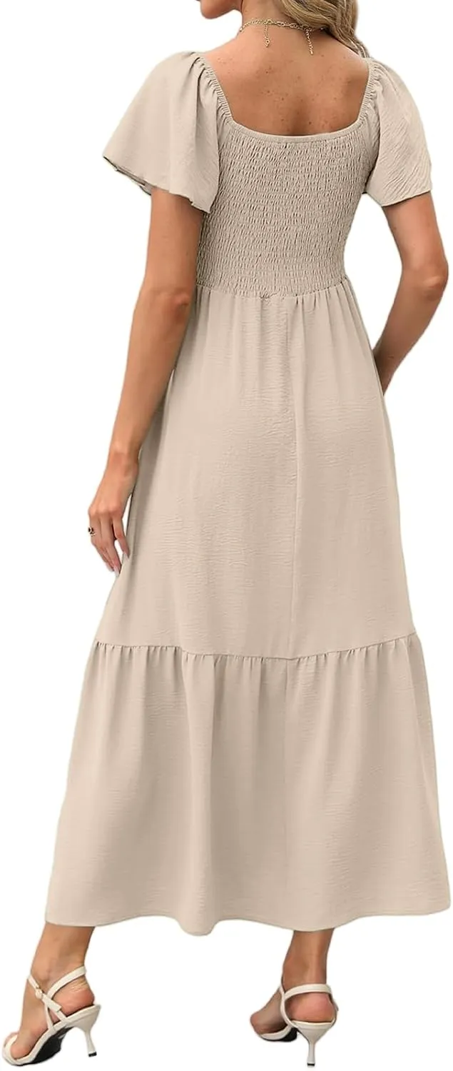 Women's Summer Casual Maxi Dresses Flutter Sleeve Square Neck Smocked Tiered A-Line Dress with Pockets