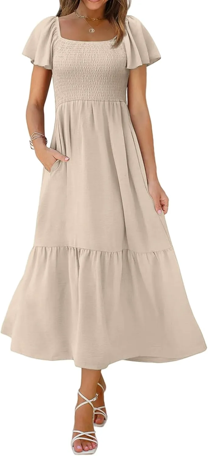 Women's Summer Casual Maxi Dresses Flutter Sleeve Square Neck Smocked Tiered A-Line Dress with Pockets