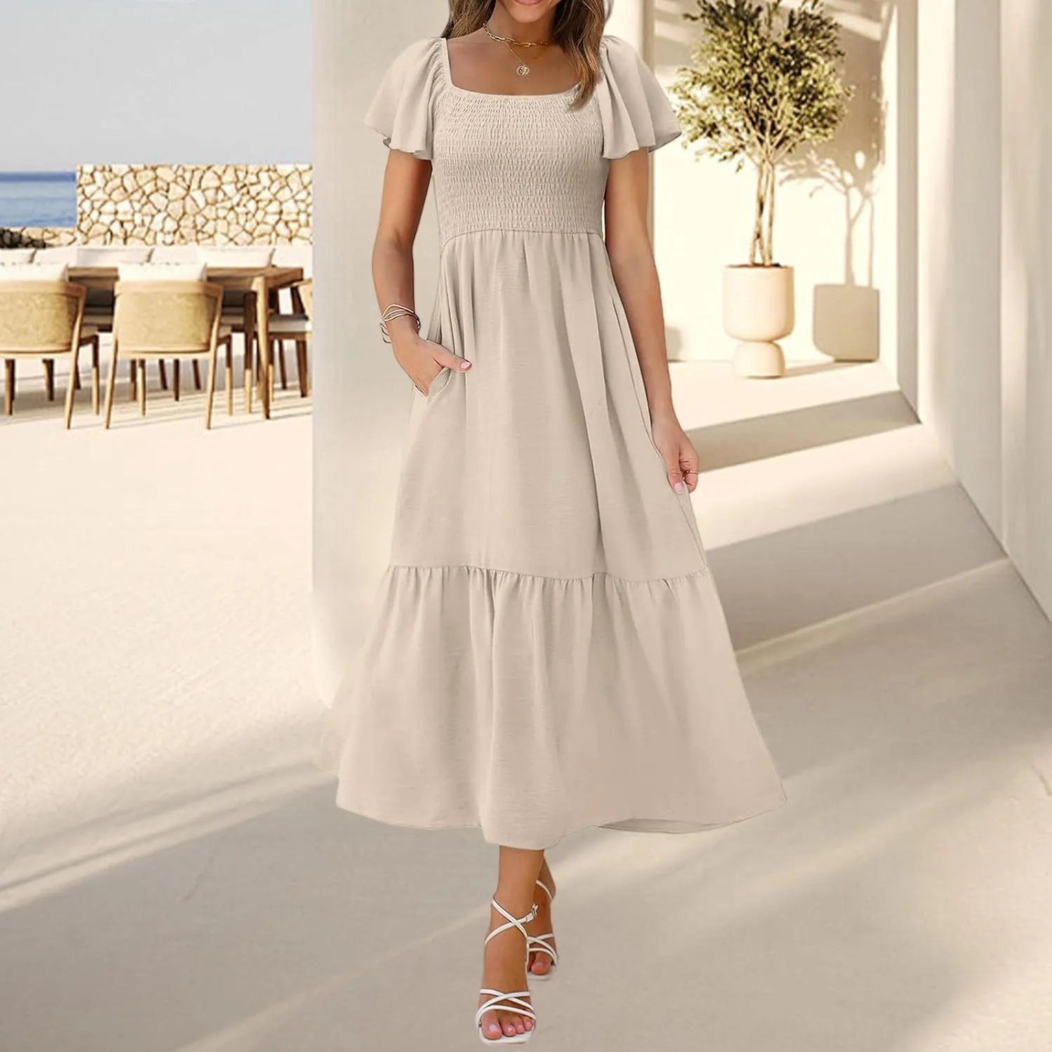 Women's Summer Casual Maxi Dresses Flutter Sleeve Square Neck Smocked Tiered A-Line Dress with Pockets