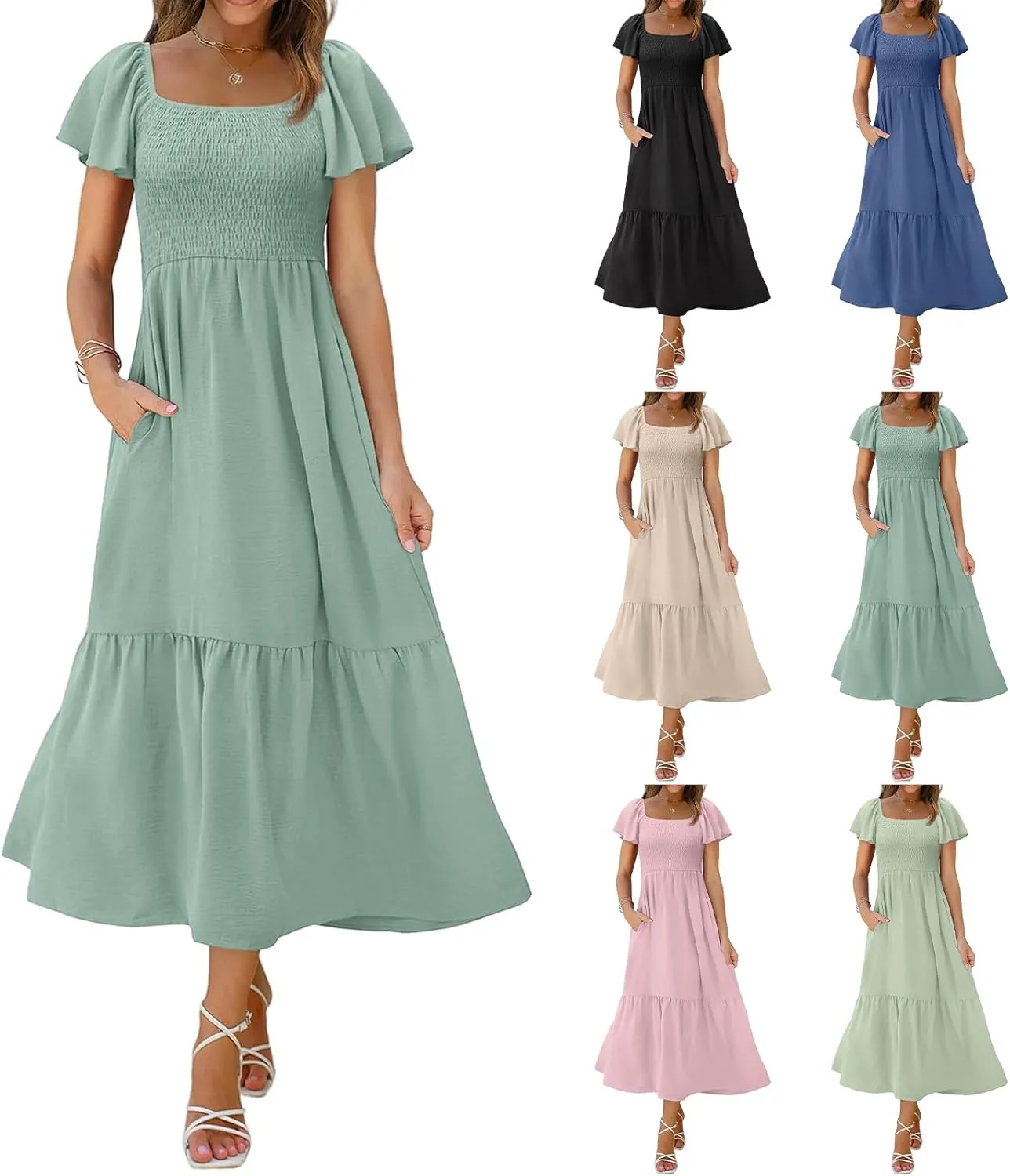 Women's Summer Casual Maxi Dresses Flutter Sleeve Square Neck Smocked Tiered A-Line Dress with Pockets