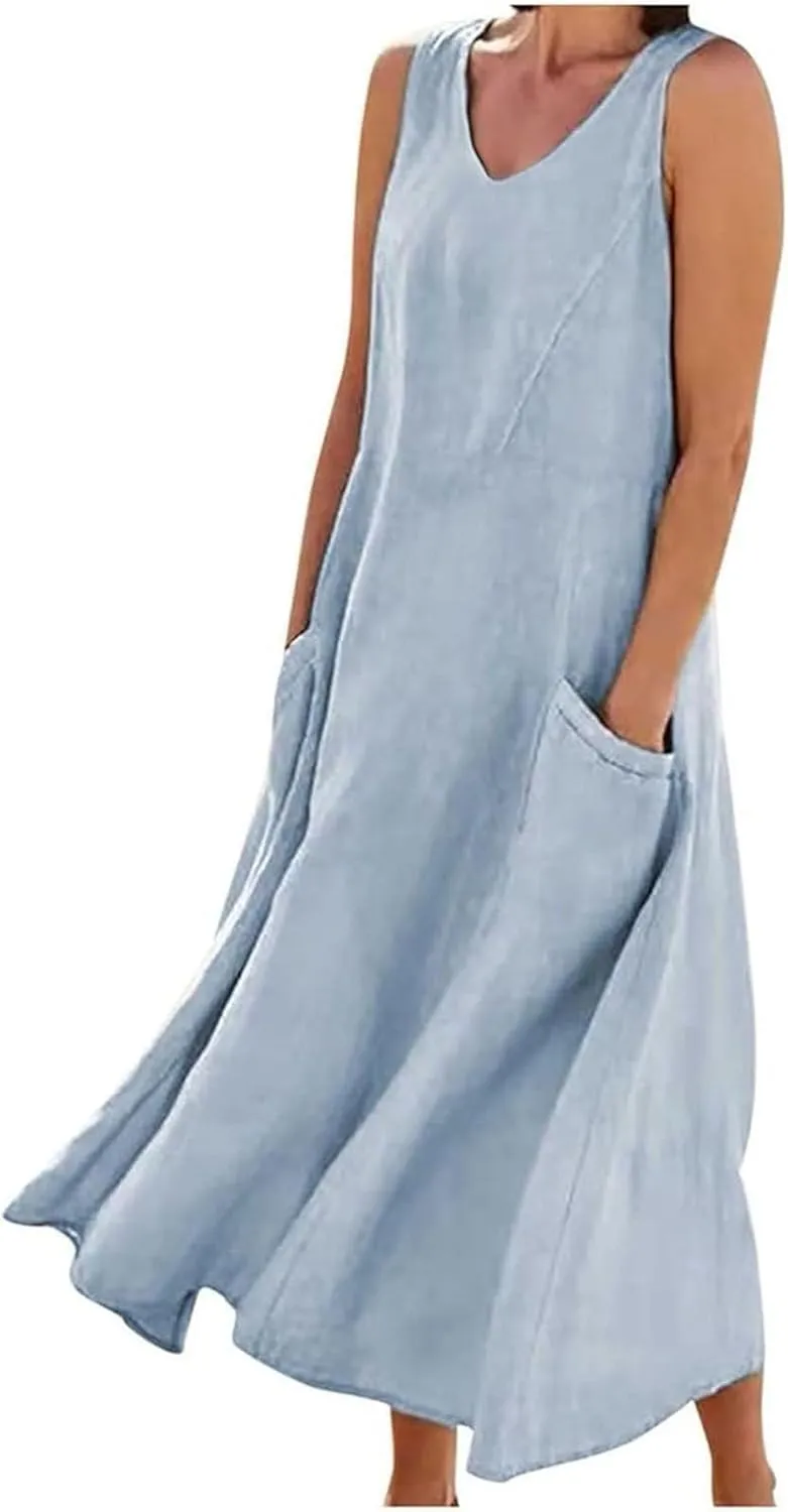 Women's Summer Cotton Linen Long Dress Sleeveless Elegant Flowy Dresses Plus Size Loose Comfy Dresses with Pockets