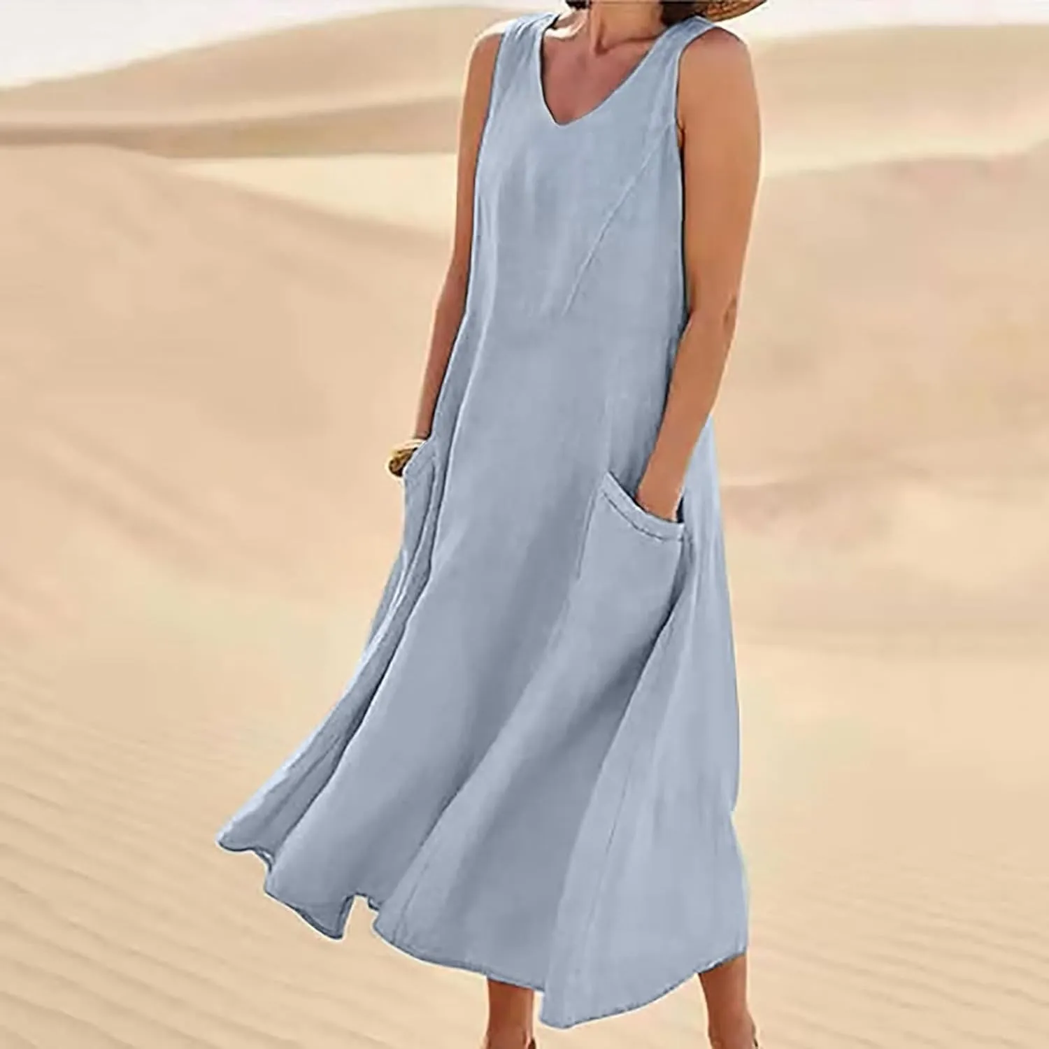 Women's Summer Cotton Linen Long Dress Sleeveless Elegant Flowy Dresses Plus Size Loose Comfy Dresses with Pockets