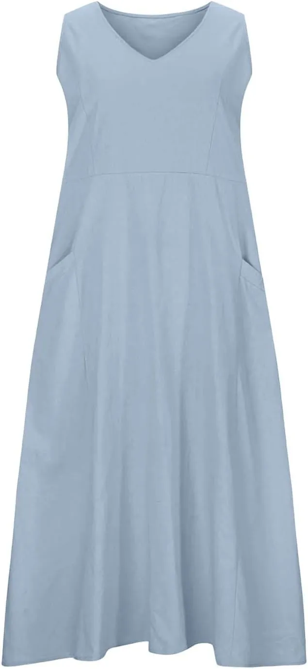 Women's Summer Cotton Linen Long Dress Sleeveless Elegant Flowy Dresses Plus Size Loose Comfy Dresses with Pockets