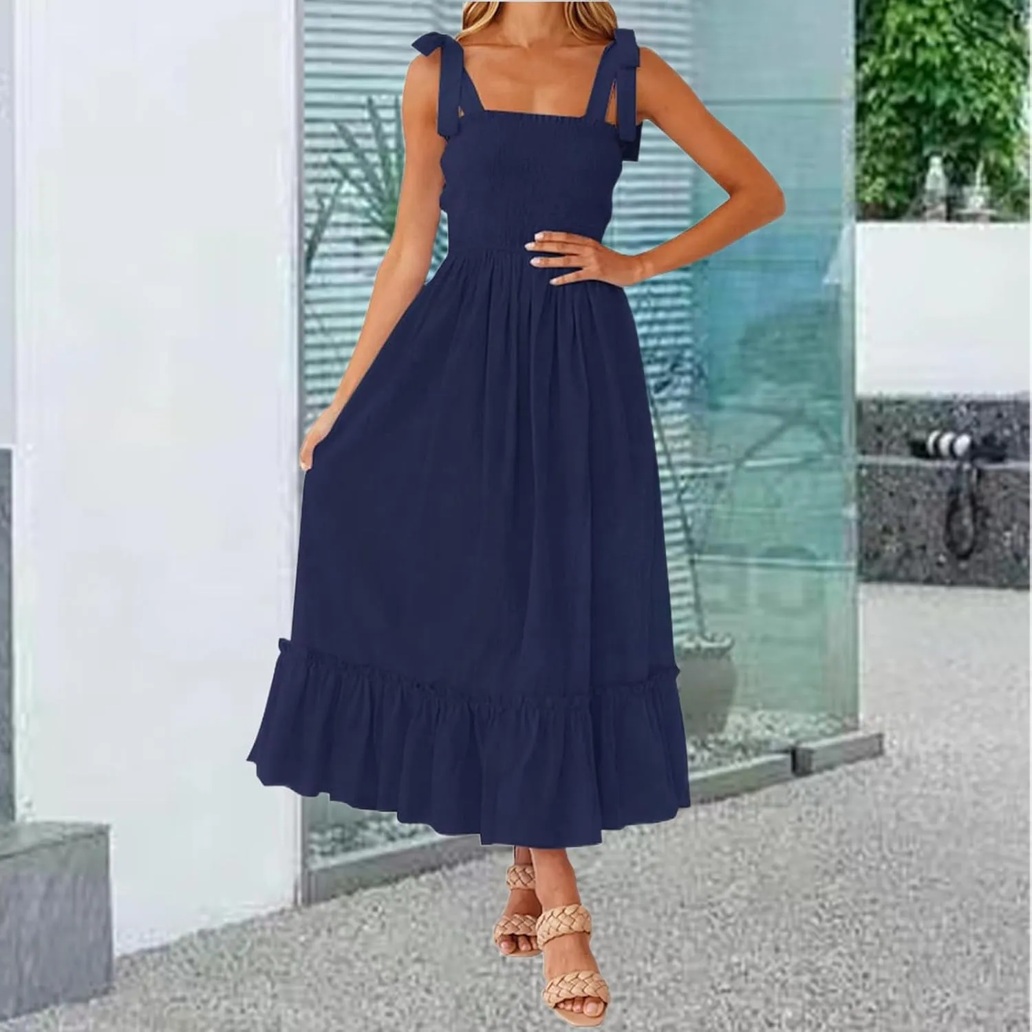 Womens Summer Dress Boho Spaghetti Strap Square Neck Ruffle A Line Long Maxi Dress Casual Flowy Swing Beach Sundress
