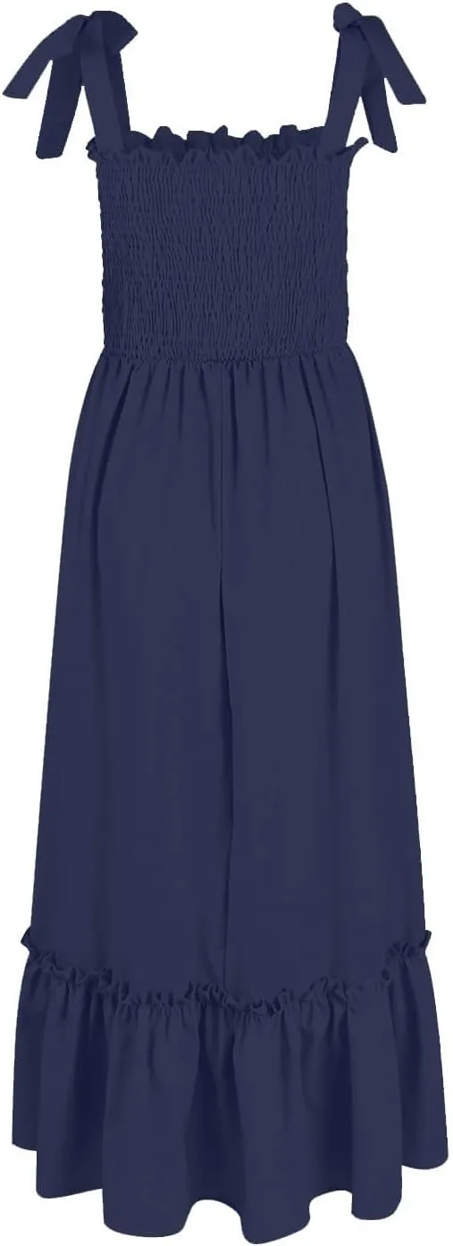 Womens Summer Dress Boho Spaghetti Strap Square Neck Ruffle A Line Long Maxi Dress Casual Flowy Swing Beach Sundress