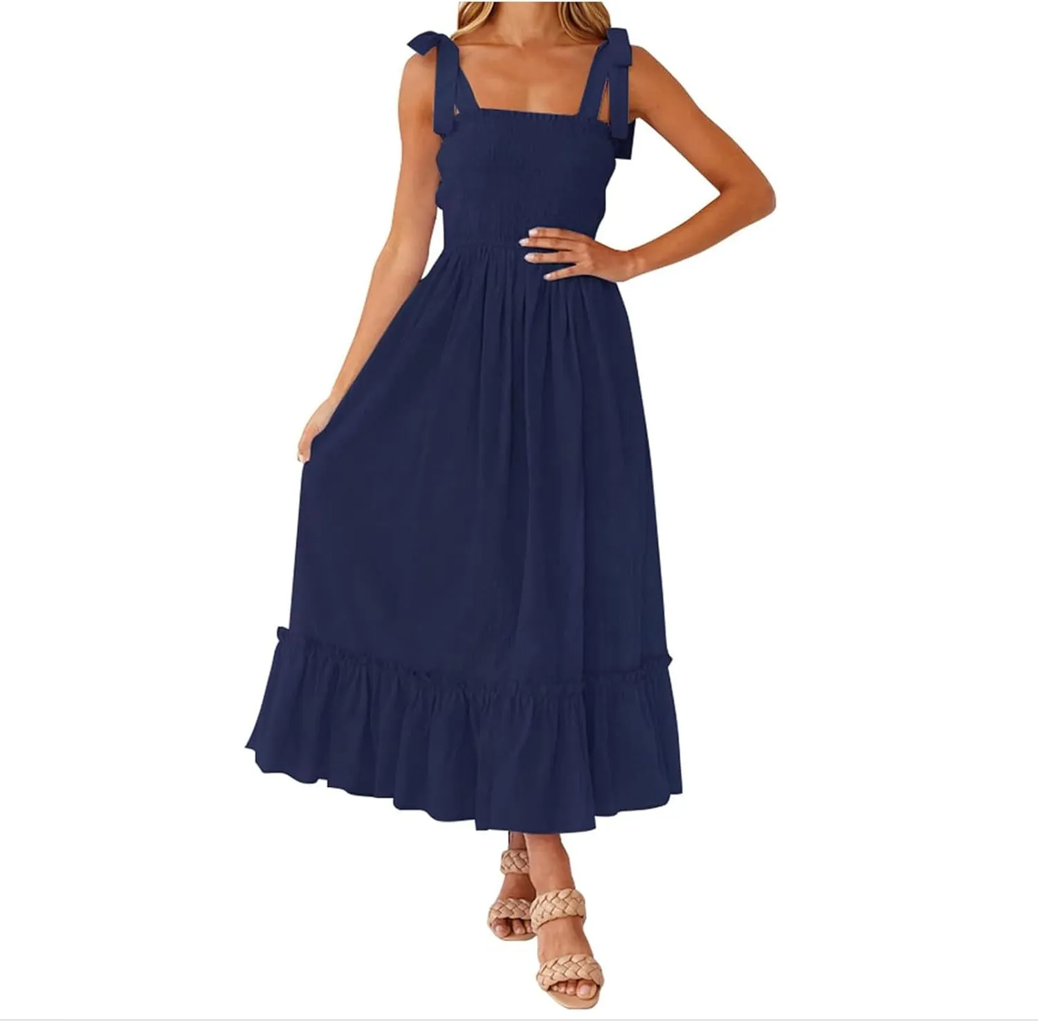 Womens Summer Dress Boho Spaghetti Strap Square Neck Ruffle A Line Long Maxi Dress Casual Flowy Swing Beach Sundress
