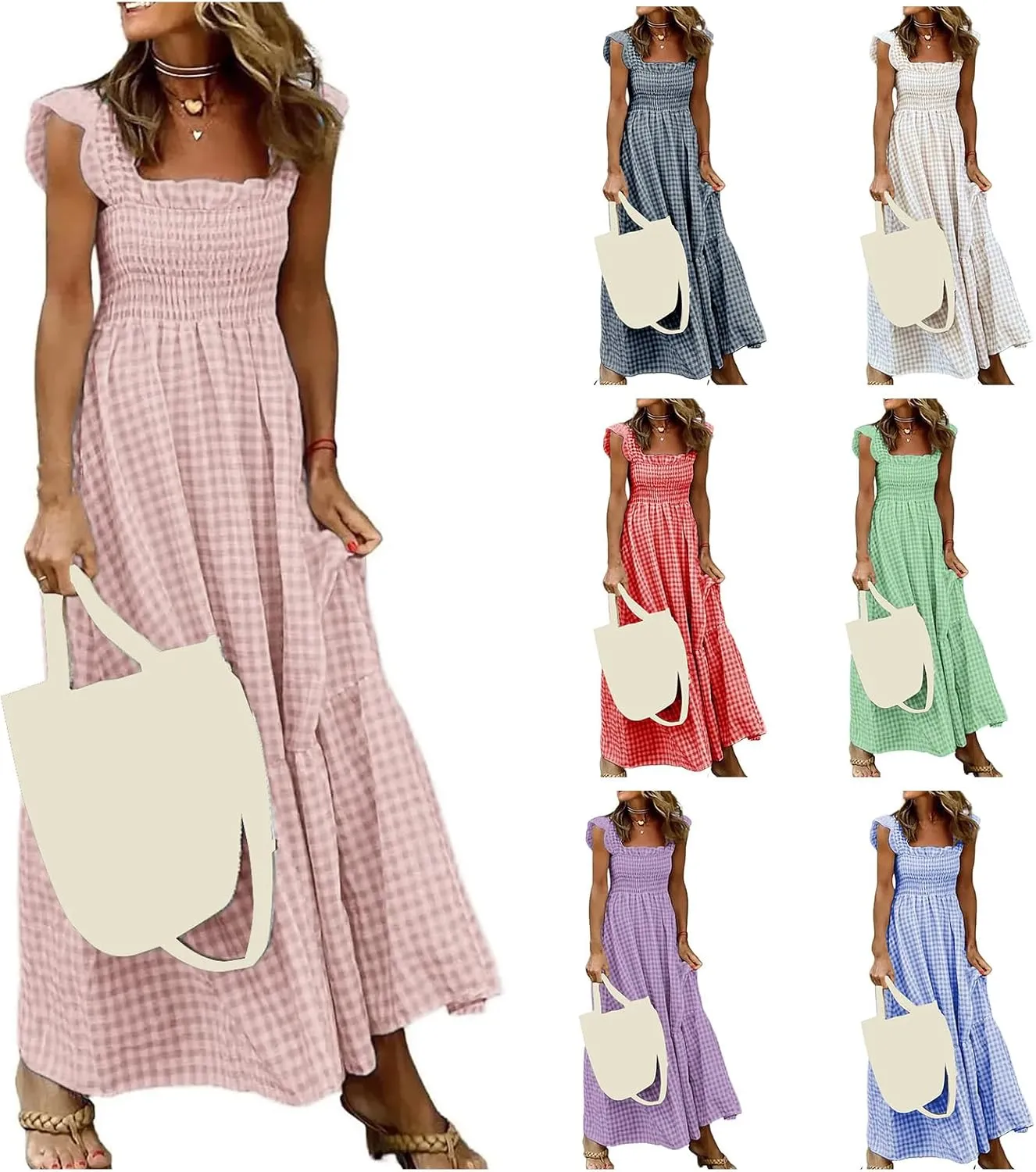 Womens Summer Dress Sleeveless Strap Retro Plaid A-Line Smocked Flowy Maxi Long Dress Beach Vacation Dresses