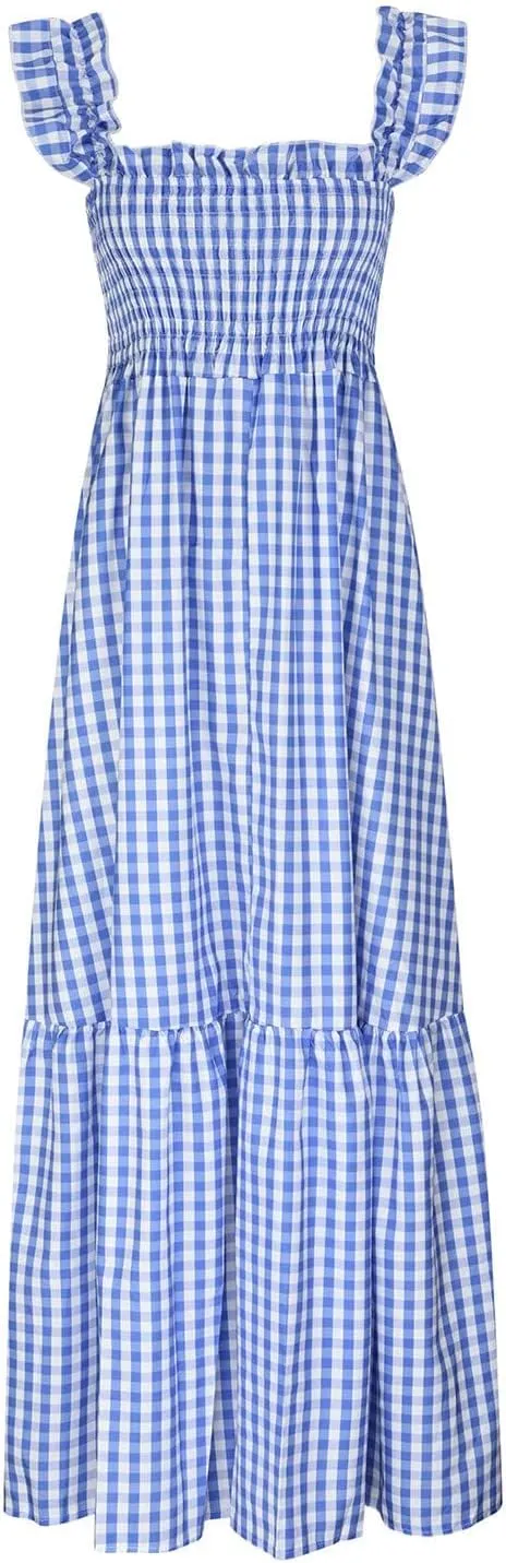 Womens Summer Dress Sleeveless Strap Retro Plaid A-Line Smocked Flowy Maxi Long Dress Beach Vacation Dresses