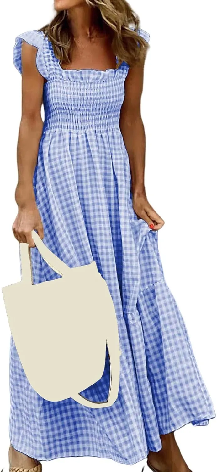 Womens Summer Dress Sleeveless Strap Retro Plaid A-Line Smocked Flowy Maxi Long Dress Beach Vacation Dresses